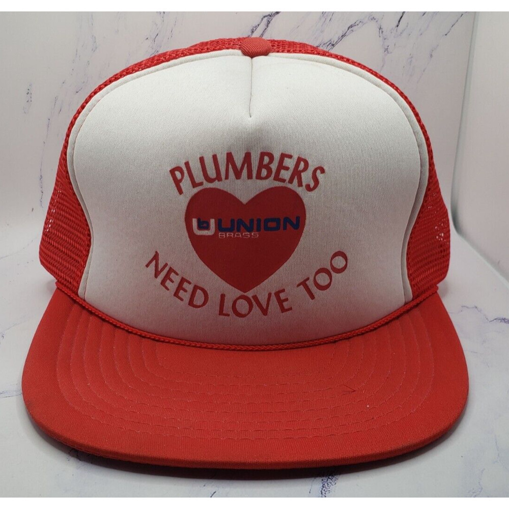 Vintage Trucker Snapback Mesh Red and White Plumbers Need Love Too Union Hat Cap